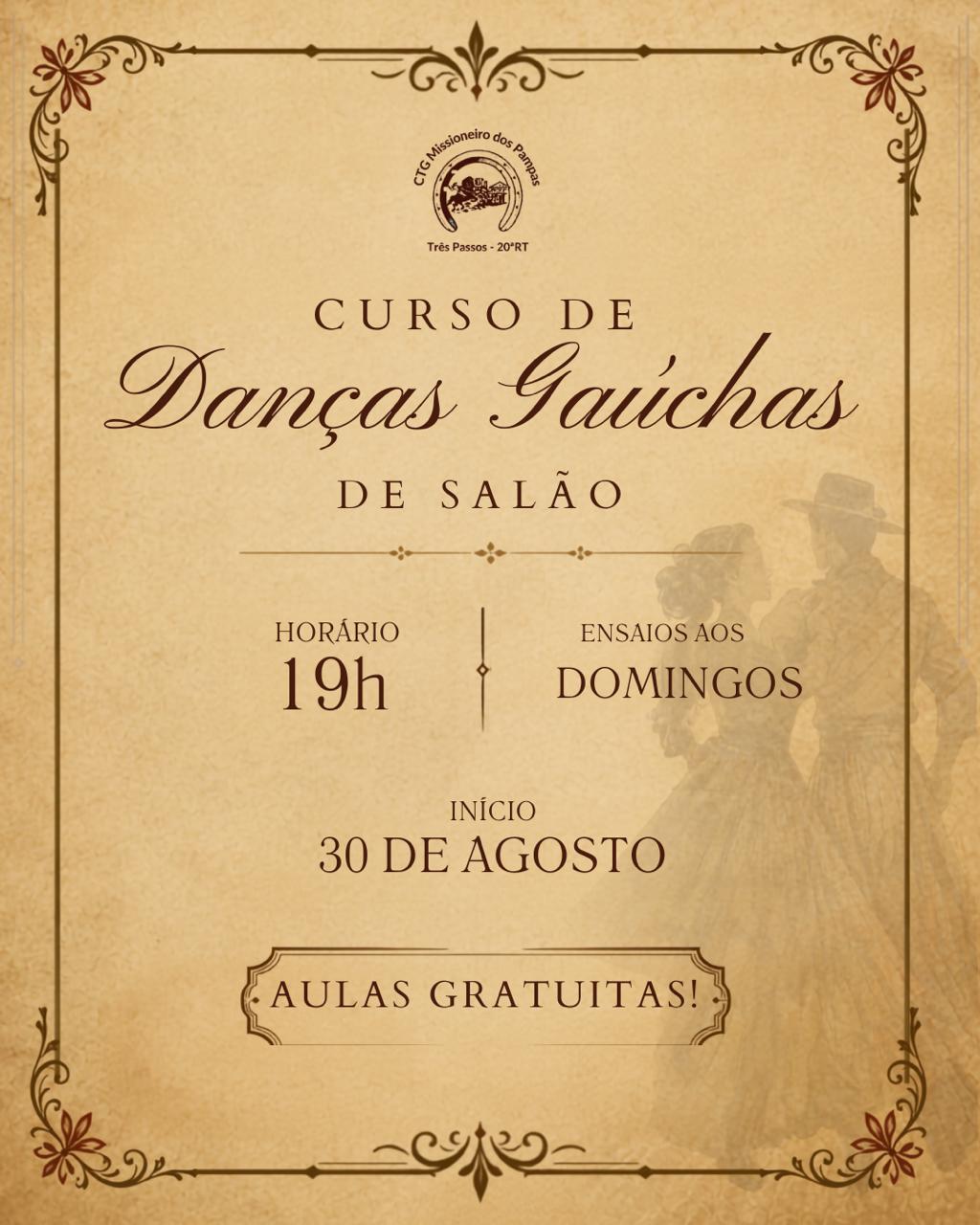 Foto relacionada à notícia: CURSO DE DANÇAS GAÚCHAS DE SALÃO, PROMOVIDO PELO CTG MISSIONEIRO DOS PAMPAS