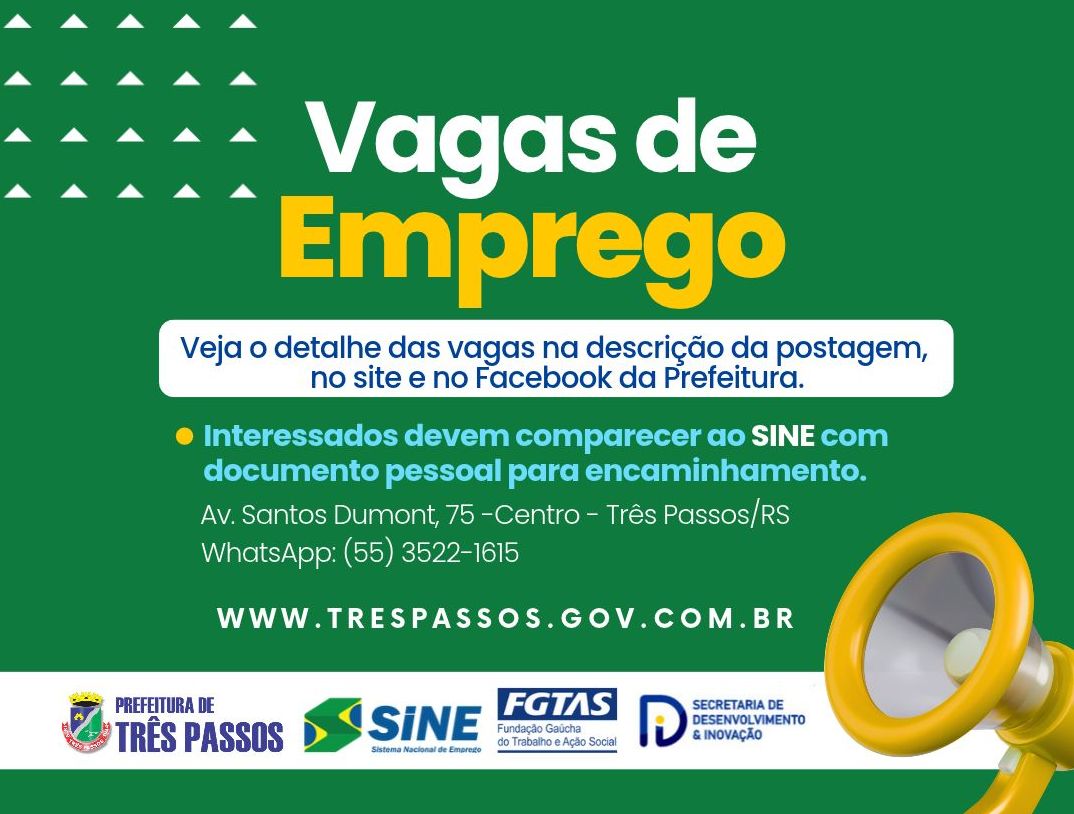 Foto relacionada à notícia: SINE divulga novas oportunidades de emprego em Três Passos e região